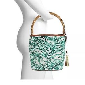 Resort Ready ENZO ANGIOLINI Green Multi Fabric Canvas Bamboo Resin Handle Purse